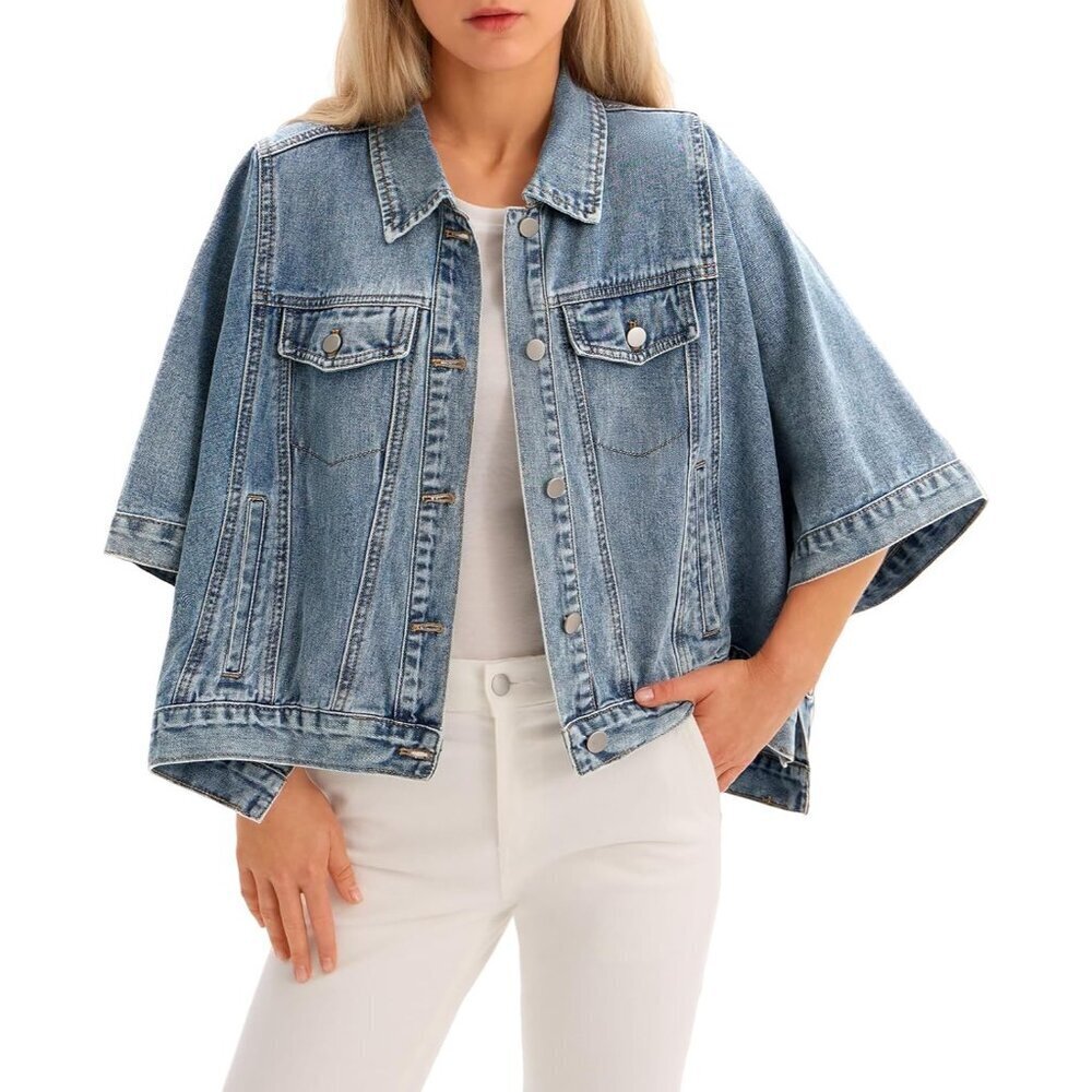 Women's Denim Jacket Cotton Oversized Cropped Short Sleeve Fall Casual Outerwear
